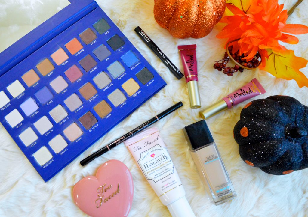 fall beauty favorites 2015 lorac mega pro 2 palette too faced melted lipstick anastasia brow wiz too faced love flushed blush kat von d tattoo liner
