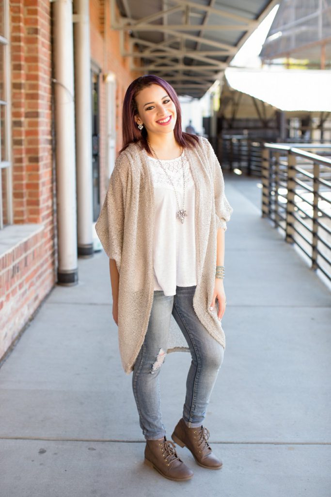 oversized cardigan distressed jeans booties wantable necklace