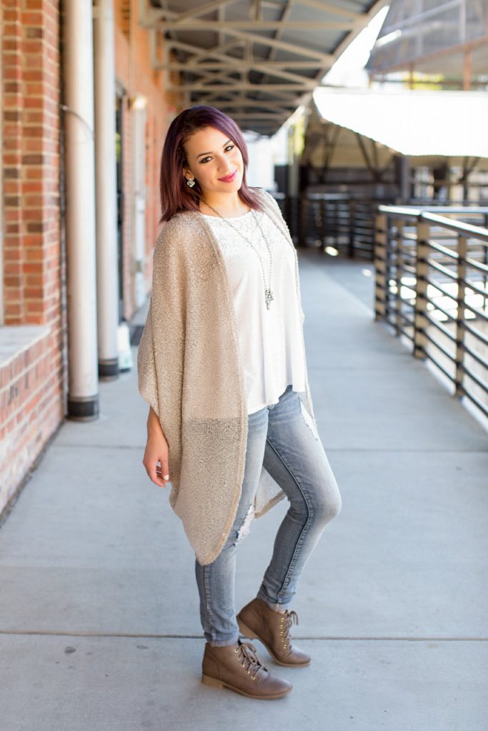 oversized cardigan distressed jeans booties wantable necklace