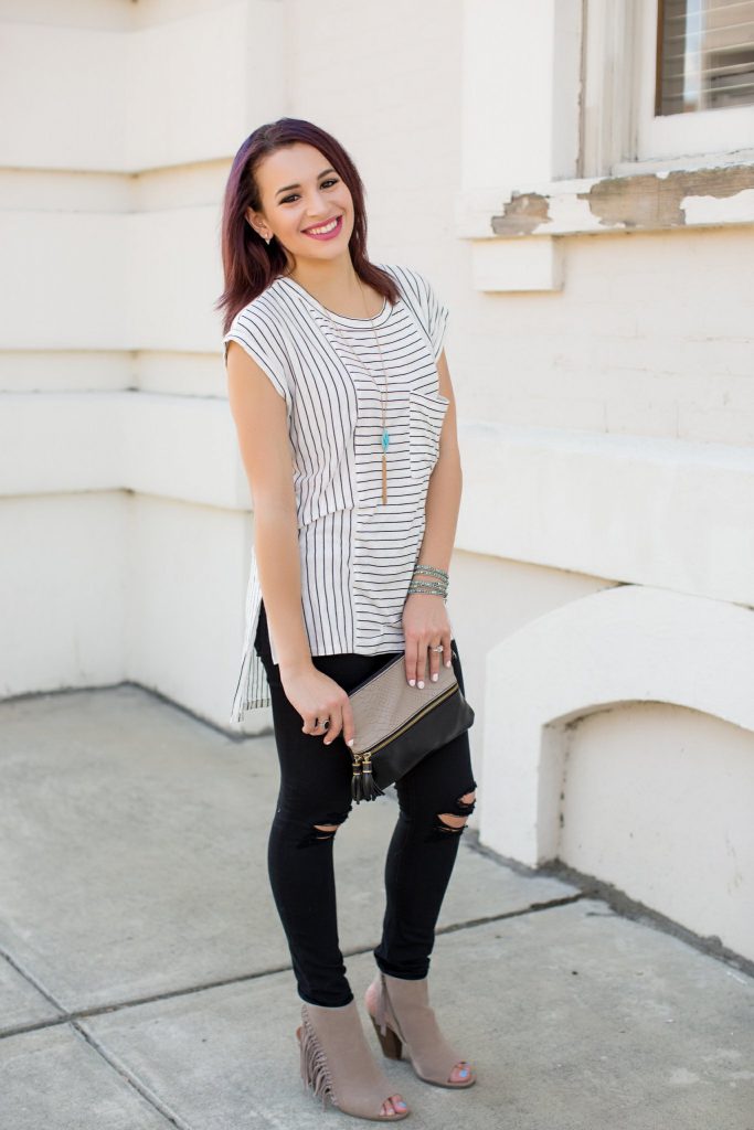 black and white striped tee steve madden bag express ripped black jeans fringe booties