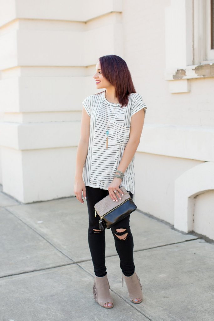 black and white striped tee steve madden bag express ripped black jeans fringe booties