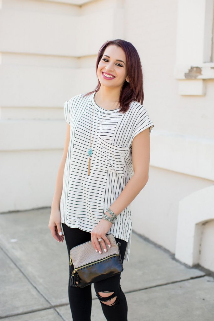 black and white striped tee steve madden bag express ripped black jeans 