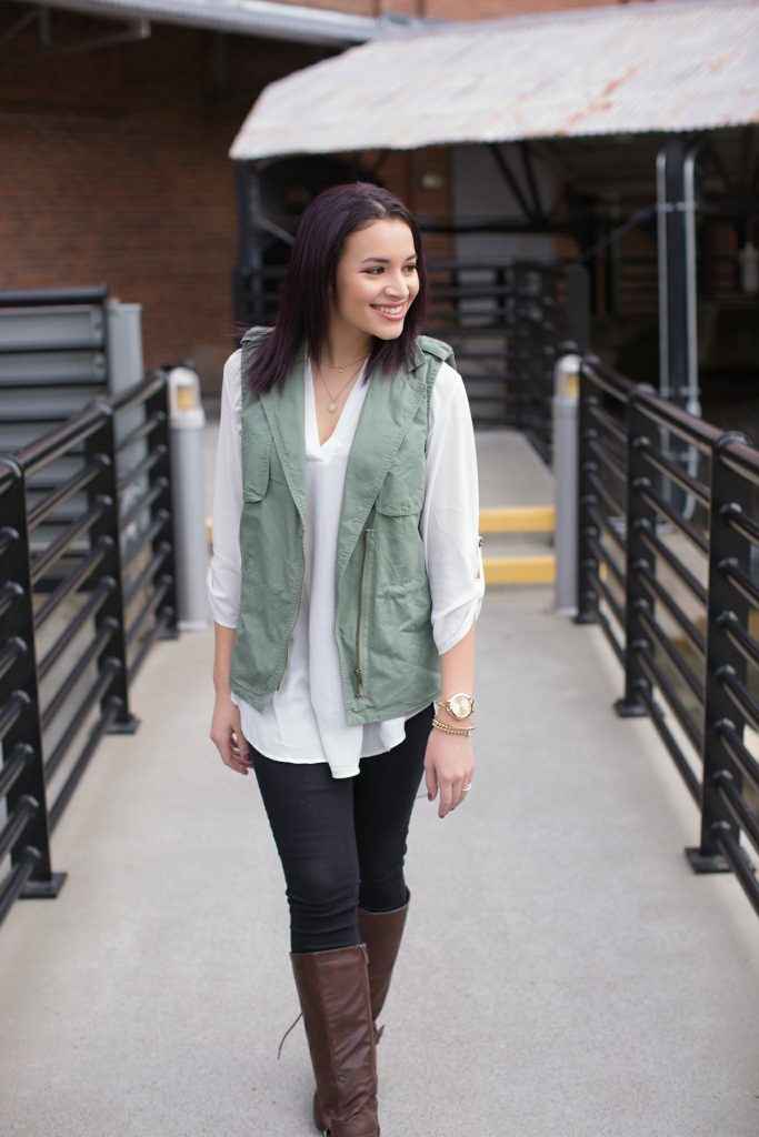 olive vest white tunic brown riding boots