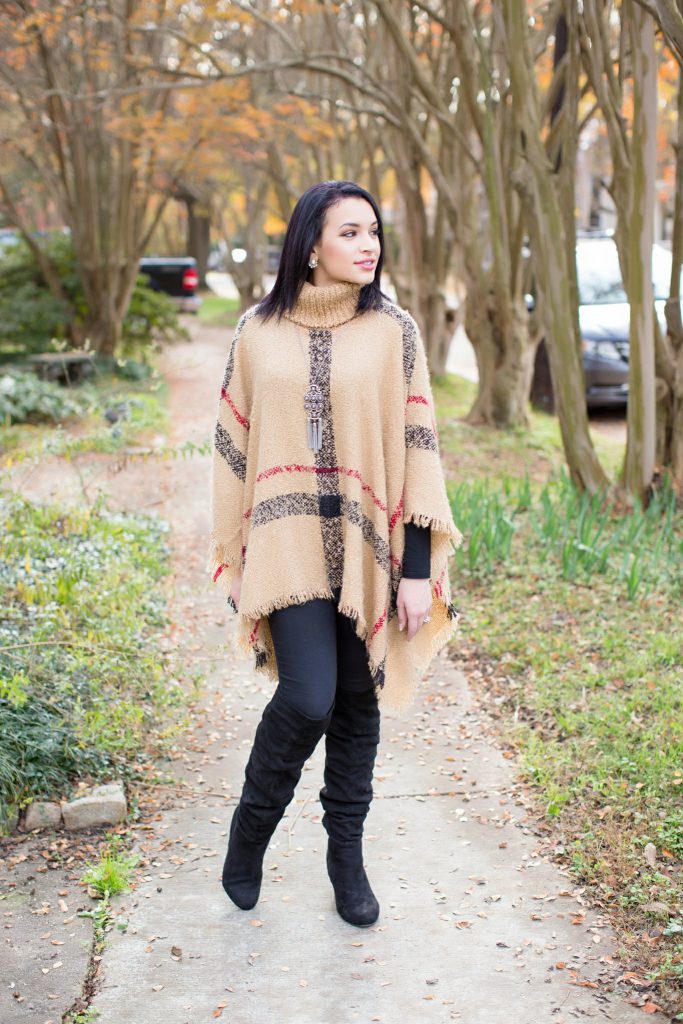 plaid poncho and over the knee boots