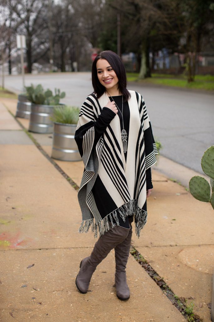 black and white forever 21 poncho grey over the knee boots
