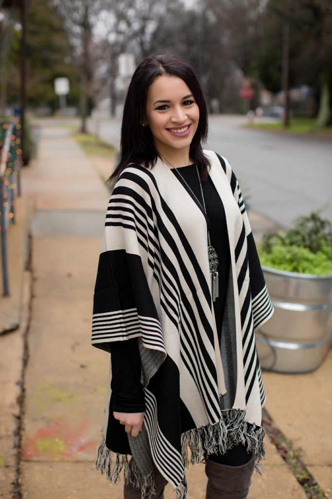 black and white forever 21 poncho grey over the knee boots