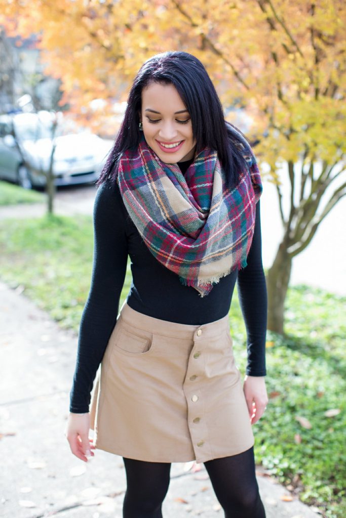 plaid scarf suede skirt black booties