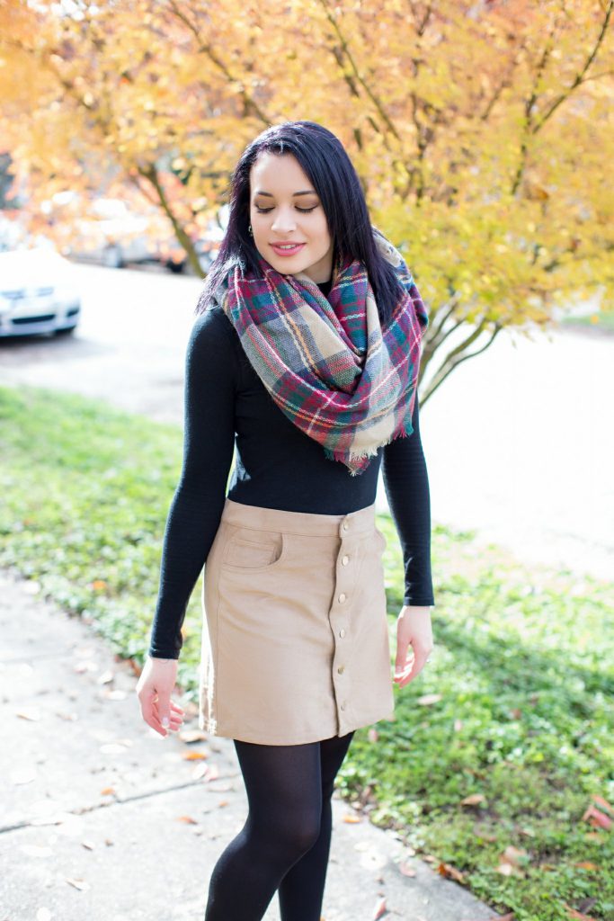 plaid scarf suede skirt black booties