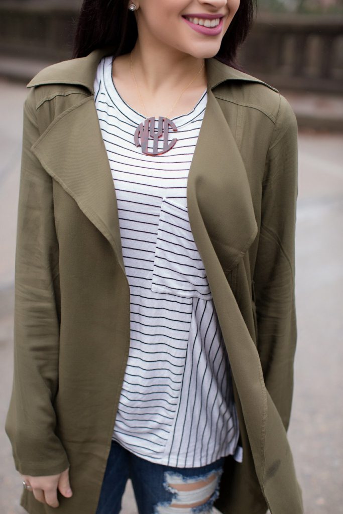 forever 21, longline jacket, olive jacket, boyfriend jeans, distressed denim, ripped jeans, tan booties, bauble bar, monogrammed necklace, raleigh nc, pinstriped shirt, downtown raleigh