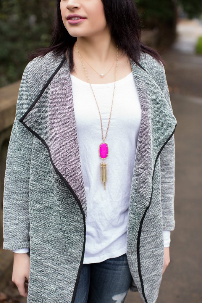forever 21 sweater coat, kendra scott rayne necklace, express distressed jeans, grey booties