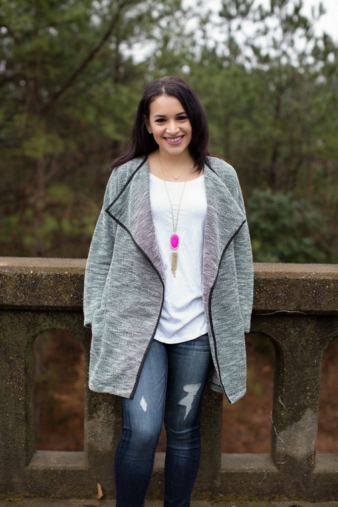forever 21 sweater coat, kendra scott rayne necklace, express distressed jeans, grey booties