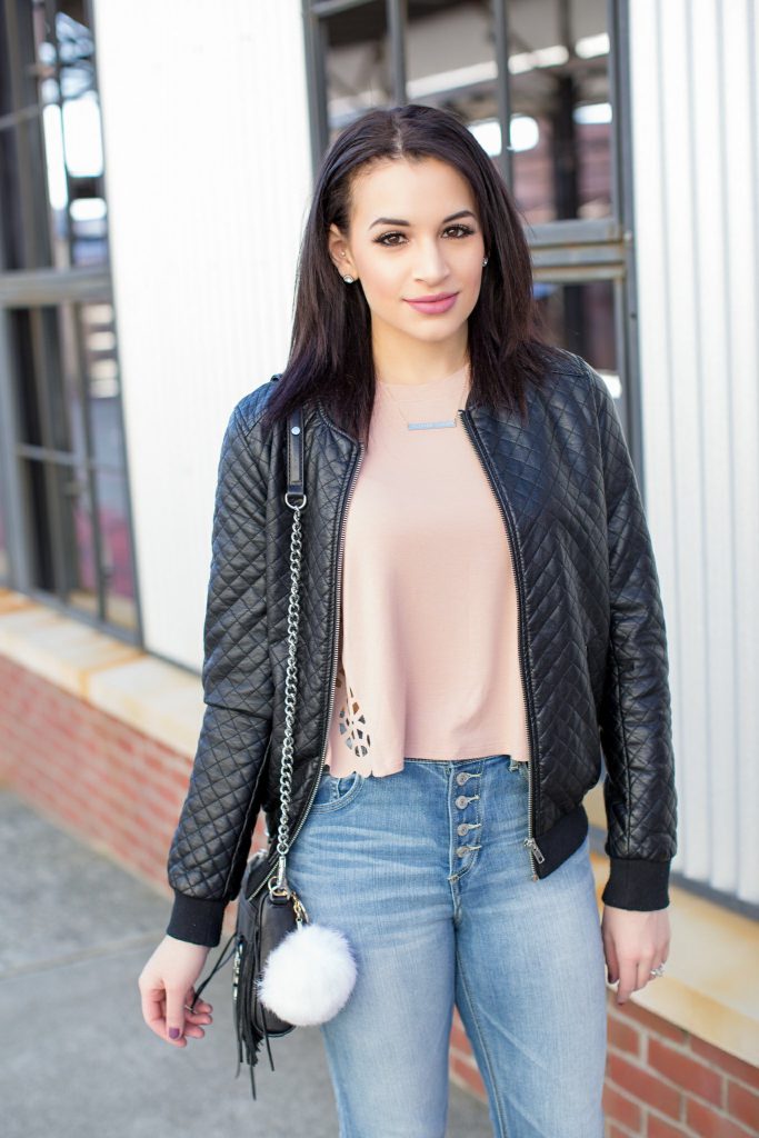 forever 21 leather jacket, forever 21 blush crop top, laser cut top, rebecca minkoff mini mac, rebecca minkoff fringe bag, express high waisted light wash jeggings, black heeled boots, how to style leather in the spring, how to wear a leather jacket in the spring
