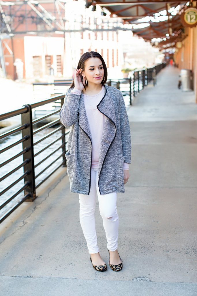 forever 21 coat, blush piko top, white distressed jeans, steve madden leopard print flats, gold hoops, spring outfit 2016, 2016 color of the year outfit, white pants 2016, downtown Durham, Raleigh NC, NC fashion blogger