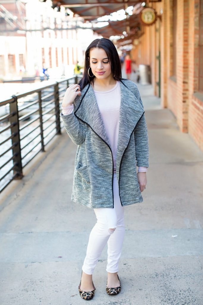 forever 21 coat, blush piko top, white distressed jeans, steve madden leopard print flats, gold hoops, spring outfit 2016, 2016 color of the year outfit, white pants 2016, downtown Durham, Raleigh NC, NC fashion blogger