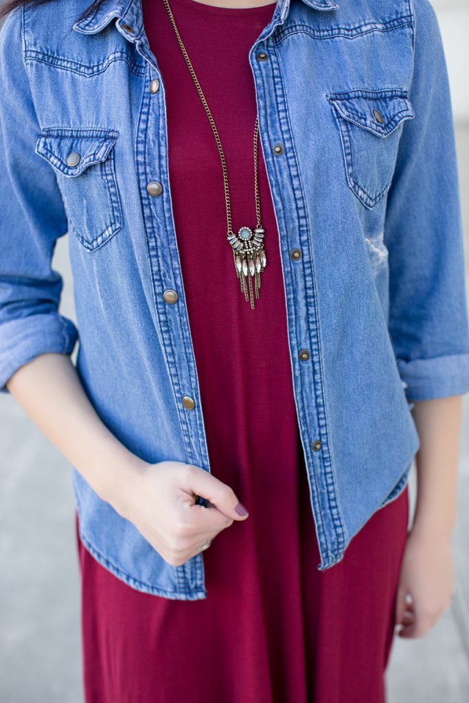 burgundy dress, chambray top, wantable necklace, tan booties, downtown Durham, 