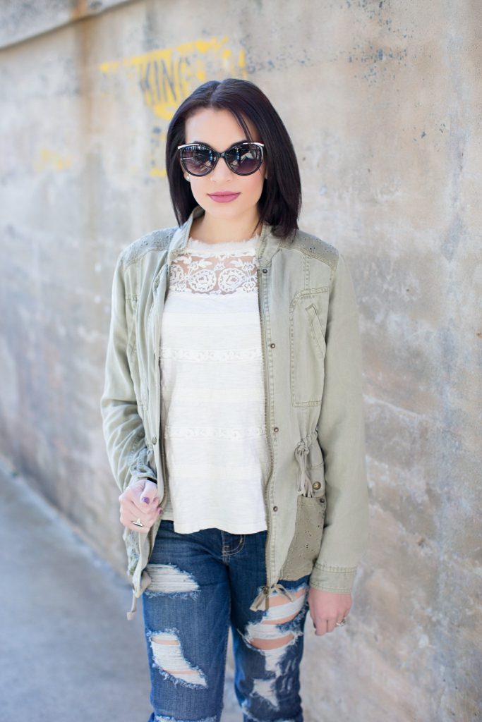 distressed denim, distressed denim outfit idea, ripped jeans, halogen blush flats, studded flats, pointed flats, utility jacket, olive jacket, casual spring outfit, downtown durham, American tobacco center