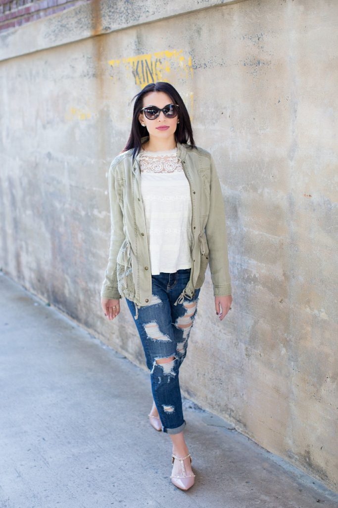 distressed denim, distressed denim outfit idea, ripped jeans, halogen blush flats, studded flats, pointed flats, utility jacket, olive jacket, casual spring outfit, downtown durham, American tobacco center