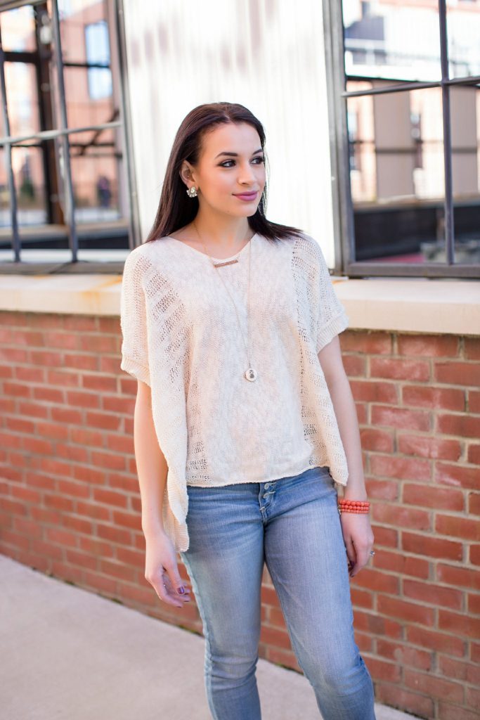 high waisted light wash denim, express jeans, tan booties, forever 21 top, white sweater, owl necklace, etsy necklace, NC blogger, downtown Durham