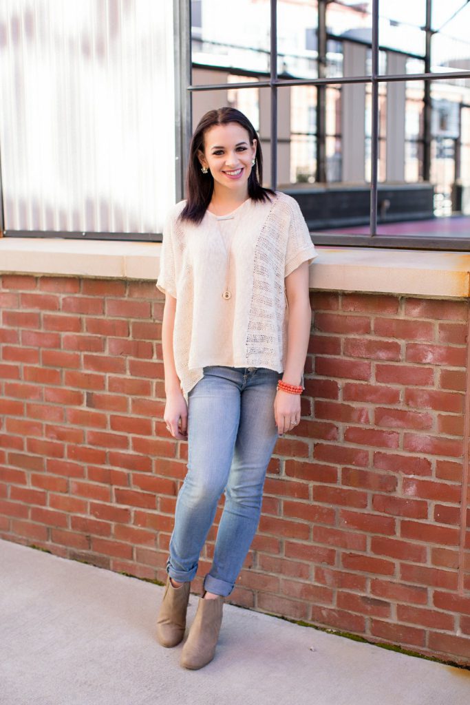 high waisted light wash denim, express jeans, tan booties, forever 21 top, white sweater, owl necklace, etsy necklace, NC blogger, downtown Durham