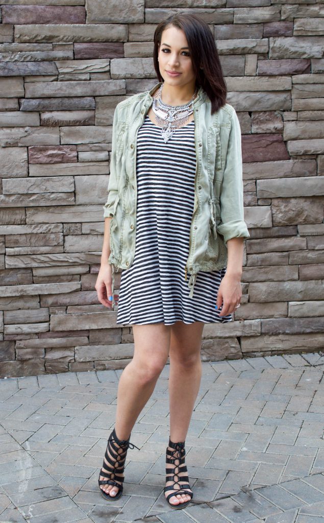 olive utility jacket, striped dress, statement necklace, silver statement necklace, happiness boutique, black lace up wedges, Raleigh NC, summer outfit, black and white striped outfit