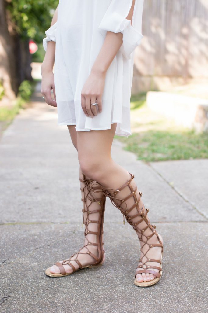 white dress, rehearsal dinner dress, bridal dress, shein, shein dress, gladiator sandals, lace up sandals, gold coin necklace, Raleigh NC