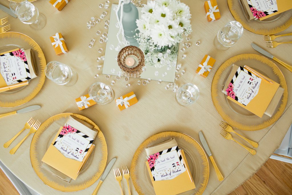 bridal shower, bridal shower ideas, gold themed bridal shower, gold place setting, bridal decor, wedding centerpiece, wedding decorations, spring wedding, Raleigh NC, the glass box Raleigh