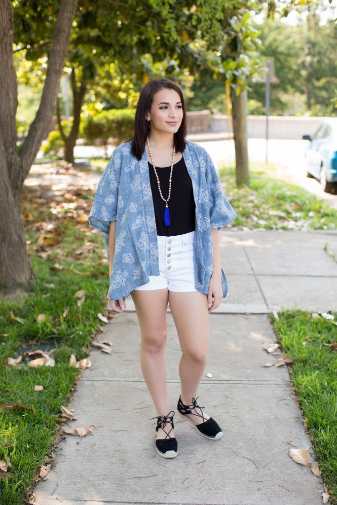 blue and white outfit, fourth of July outfit, 4th of July, white shorts outfit, denim outfit, summer kimono, target tassel necklace, black espadrilles, lace up espadrilles, printed kimono, floral kimono, express shorts, high waisted express shorts