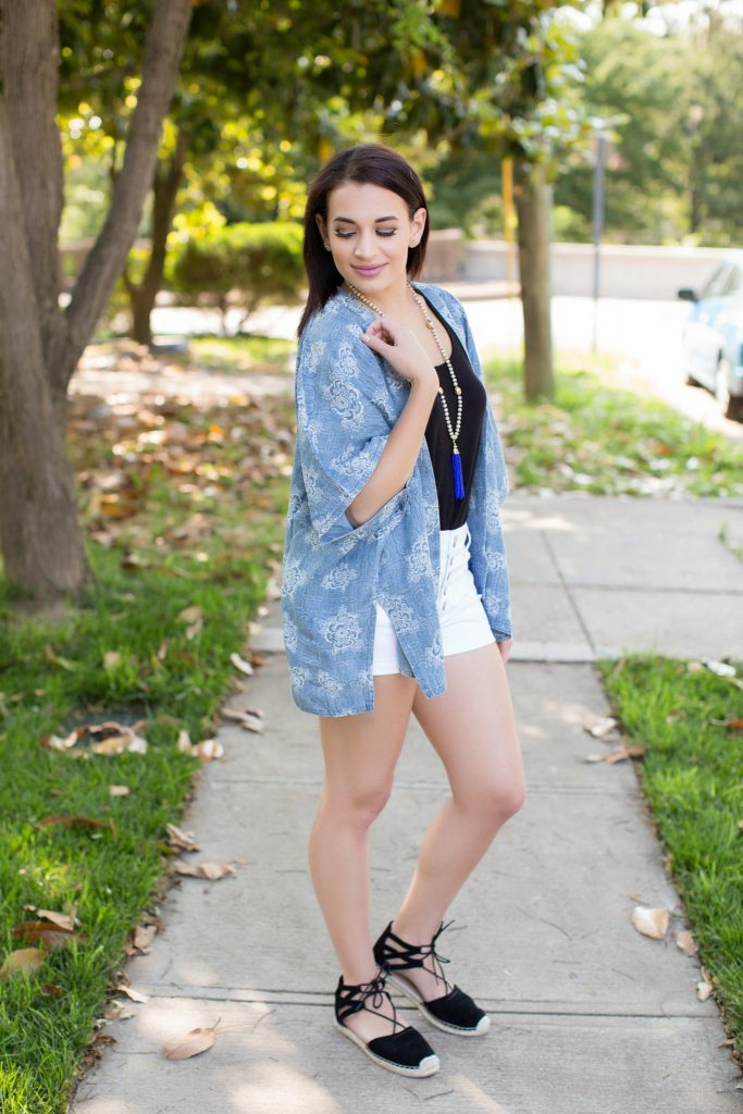 blue and white outfit, fourth of July outfit, 4th of July, white shorts outfit, denim outfit, summer kimono, target tassel necklace, black espadrilles, lace up espadrilles, printed kimono, floral kimono, express shorts, high waisted express shorts