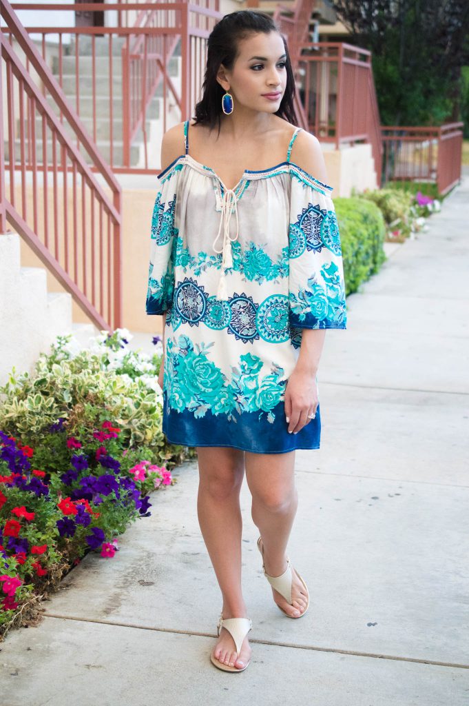 blue off the shoulder dress, madison Raleigh, off the shoulder, off the shoulder dress, kendra scott, kendra scott earrings, target sandals, gold sandals, Los Angeles, Culver City, summer dress, summer outfit, LA outfit 