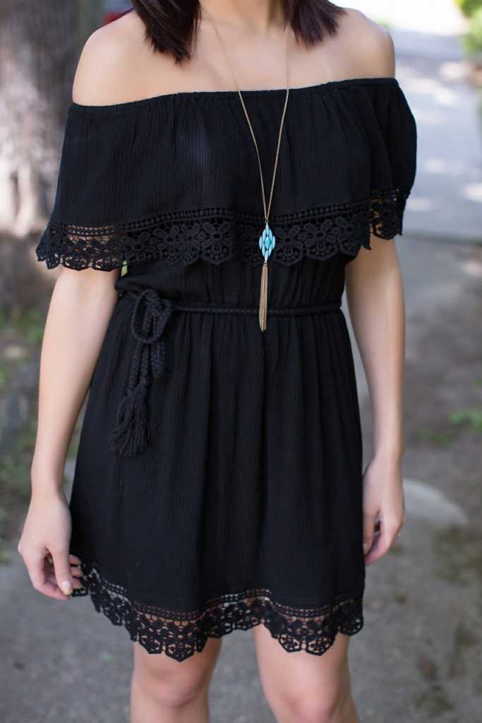 off the shoulder dress, black off the shoulder dress, forever 21 black dress, off the shoulder, tassel necklace, gold lace up heels, tassel heels, black lace dress, gold block heels, Raleigh NC, downtown Raleigh, wantable accessories