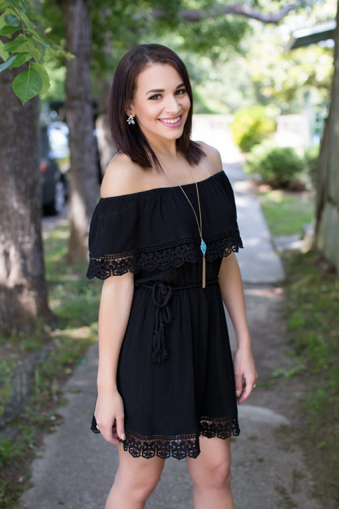 off the shoulder dress, black off the shoulder dress, forever 21 black dress, off the shoulder, tassel necklace, gold lace up heels, tassel heels, black lace dress, gold block heels, Raleigh NC, downtown Raleigh, wantable accessories