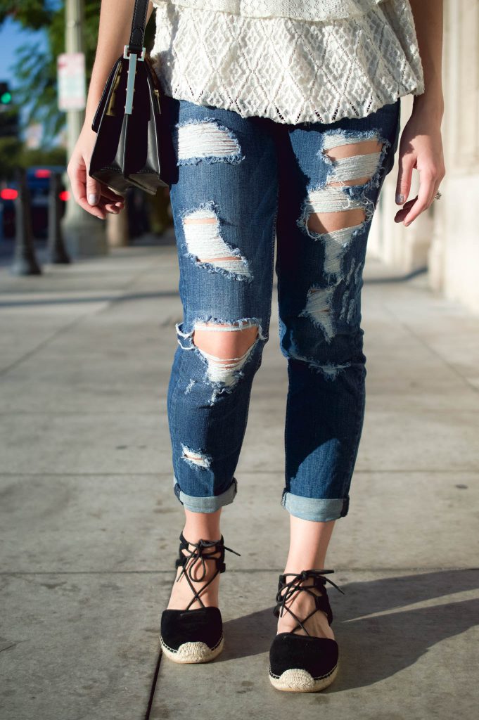 distressed denim outfit, cropped ripped jeans, lace up espadrilles, black lace up flats, vince camuto,, abril handbag, white ruffled tank, wantable necklace, Culver City, LA blogger, LA style blogger