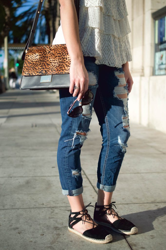 distressed denim outfit, cropped ripped jeans, lace up espadrilles, black lace up flats, vince camuto,, abril handbag, white ruffled tank, wantable necklace, Culver City, LA blogger, LA style blogger