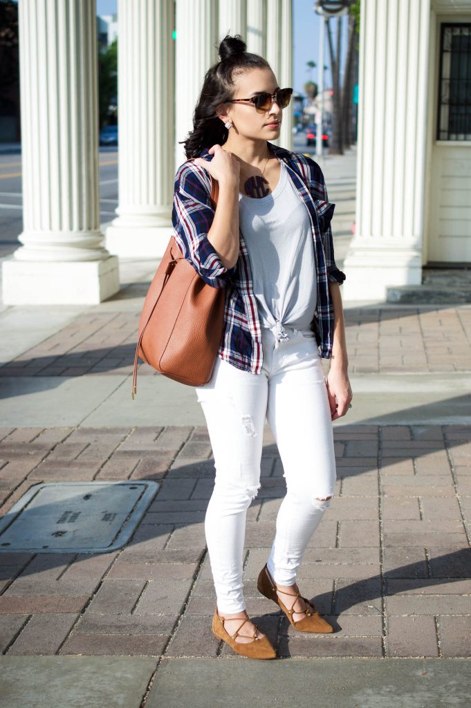 plaid shirt outfit, express plaid shirt, fall 2016 outfit, bauble bar monogram, bauble bar necklace, halogen lace up flats, nordstrom sale, bp brown handbag, white distressed denim, sony studios, downtown culver city, weekend outfit, how to half bun, flat iron curls, LA style blogger