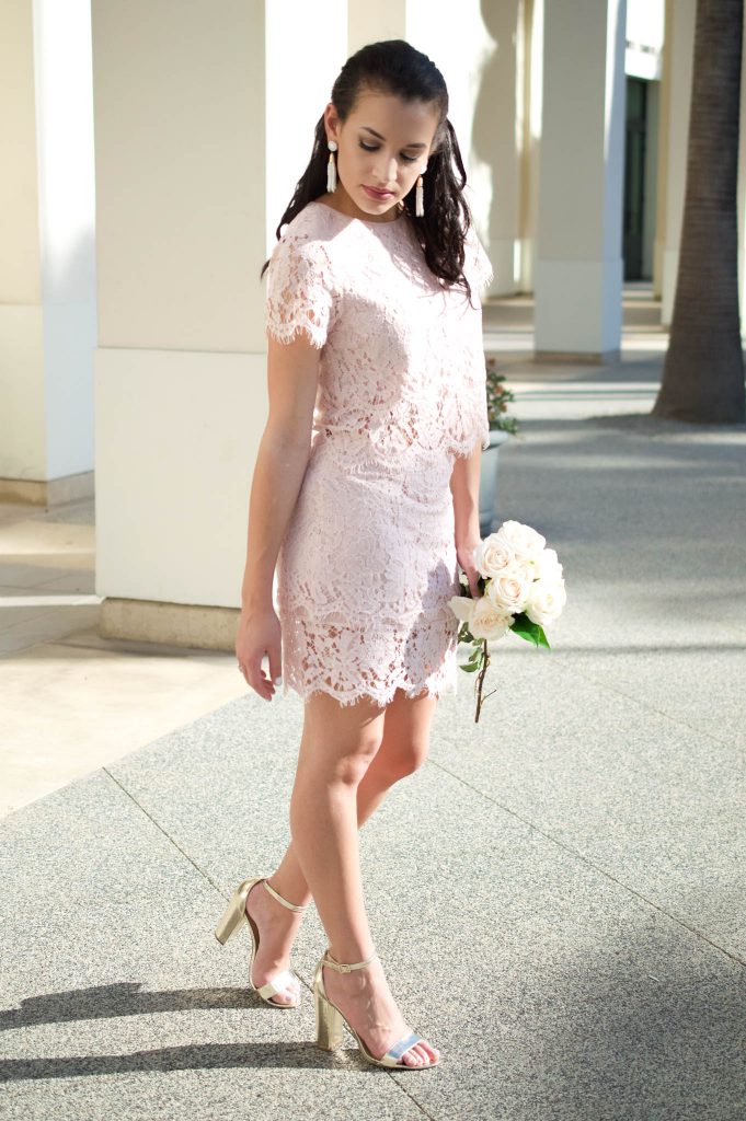 lulus outfit, TURN BACK TIME BLUSH PINK LACE TWO-PIECE DRESS LULUS, lulus, two piece dress, date night outfit, bridesmaids dress, wedding guest outfit, hair extensions, white tassel earrings, gold block heels, lace dress, bodycon dress, lace cut out dress, downtown culver city, summer night outfit