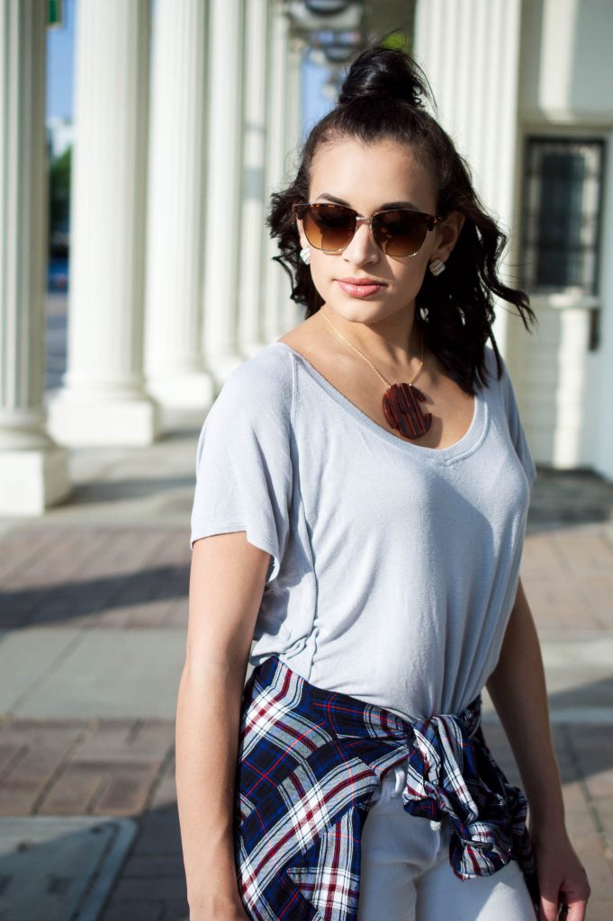 plaid shirt outfit, express plaid shirt, fall 2016 outfit, bauble bar monogram, bauble bar necklace, halogen lace up flats, nordstrom sale, bp brown handbag, white distressed denim, sony studios, downtown culver city, weekend outfit, how to half bun, flat iron curls, LA style blogger