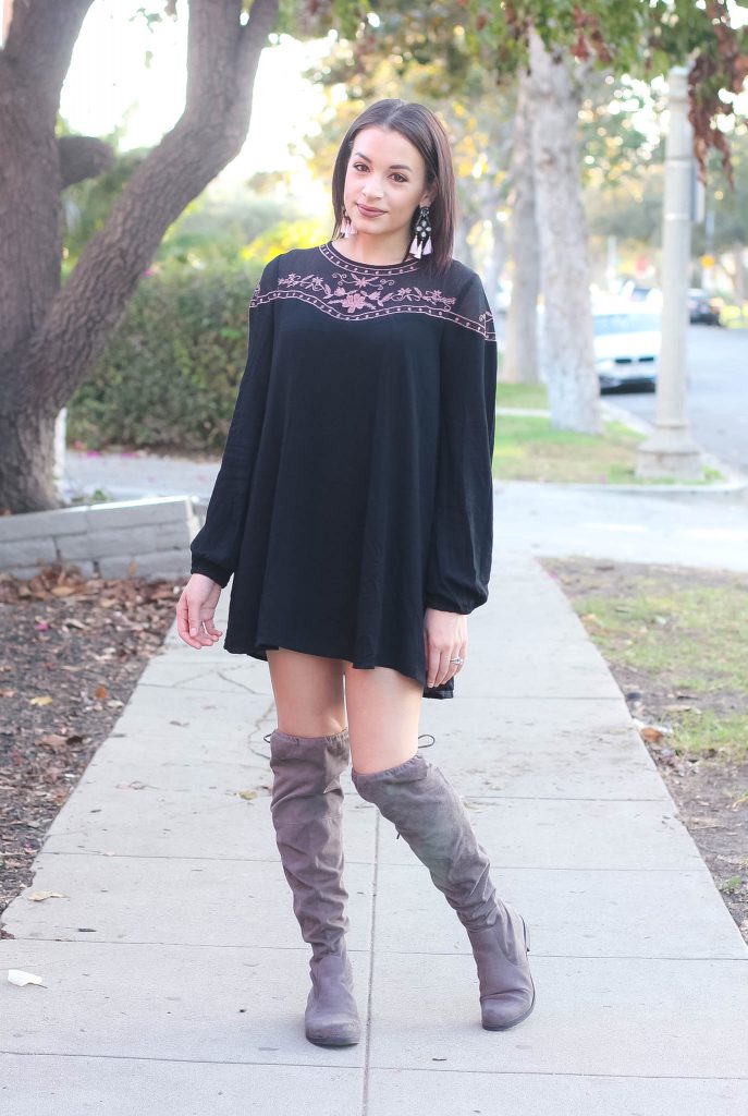black floral dress, black babydoll dress, bauble bar earrings, pink tassel earrings, OTK boots, grey suede boots, over the knee boots, Culver City, College fashion week, LA style, LA blogger
