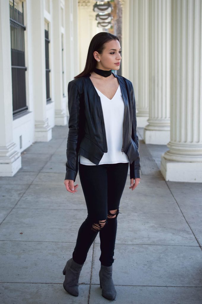 leather jacket outfit, nordstorm leather jacket, fall leather jacket, besut fall jacket, how to style a leather jacket, leather jacket and choker, fall grey booties, ripped jeans and leather