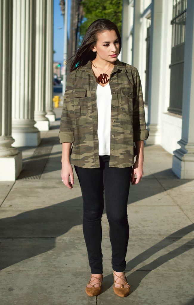camo jacket, forever 21 jacket, how to wear camo, monogram necklace, brown lace up flats, neutral fall outfit, camo and monograms, LA blogger, LA style, fall fashion 2016