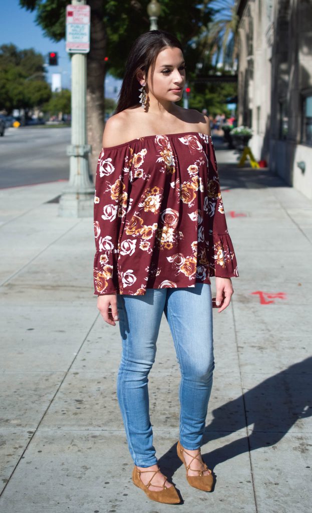 heavenly couture, LA style, fall floral print, fall off the shoulder top, express light wash jeans, halogen lace up flats, culver city, bauble bar 