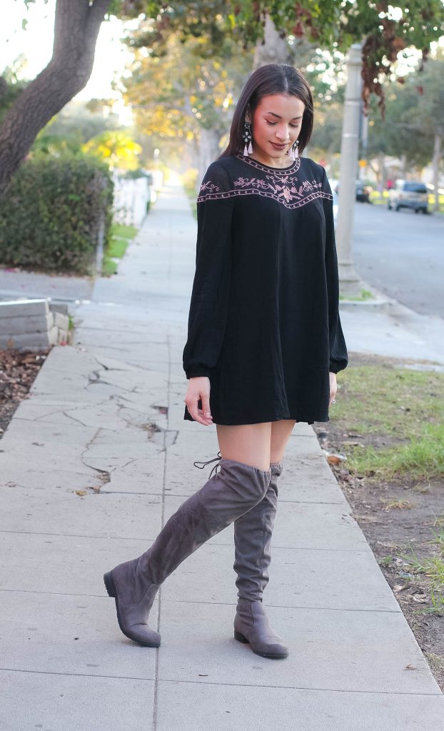 black floral dress, black babydoll dress, bauble bar earrings, pink tassel earrings, OTK boots, grey suede boots, over the knee boots, Culver City, College fashion week, LA style, LA blogger