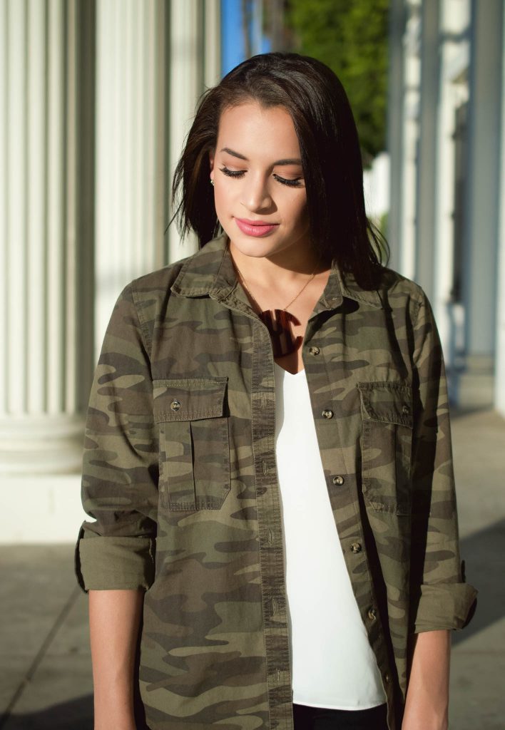 camo jacket, forever 21 jacket, how to wear camo, monogram necklace, brown lace up flats, neutral fall outfit, camo and monograms, LA blogger, LA style, fall fashion 2016