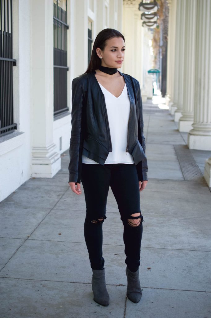 leather jacket outfit, nordstorm leather jacket, fall leather jacket, besut fall jacket, how to style a leather jacket, leather jacket and choker, fall grey booties, ripped jeans and leather