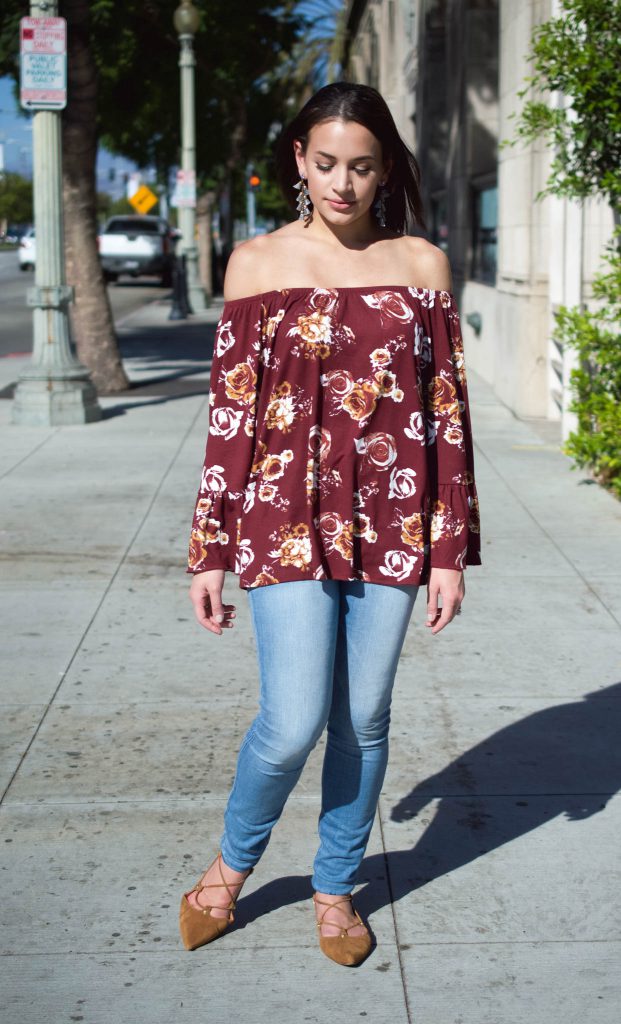 heavenly couture, LA style, fall floral print, fall off the shoulder top, express light wash jeans, halogen lace up flats, culver city, bauble bar 