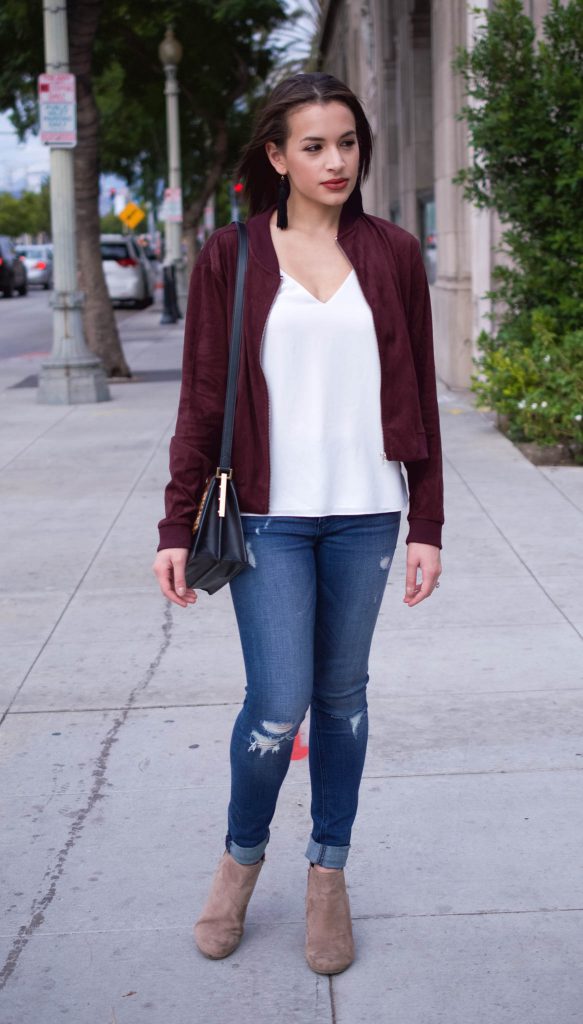 forever 21 jacket, bomber jacket and jeans, bomber jacket, affordable bomber jacket, burgundy bomber jacket, distressed jeans, express jeans, DV booties, target booties, tan booties, vince camuto abril, vince camuto handbag, topshop cami, black tassel earrings, LA blogger, LA style