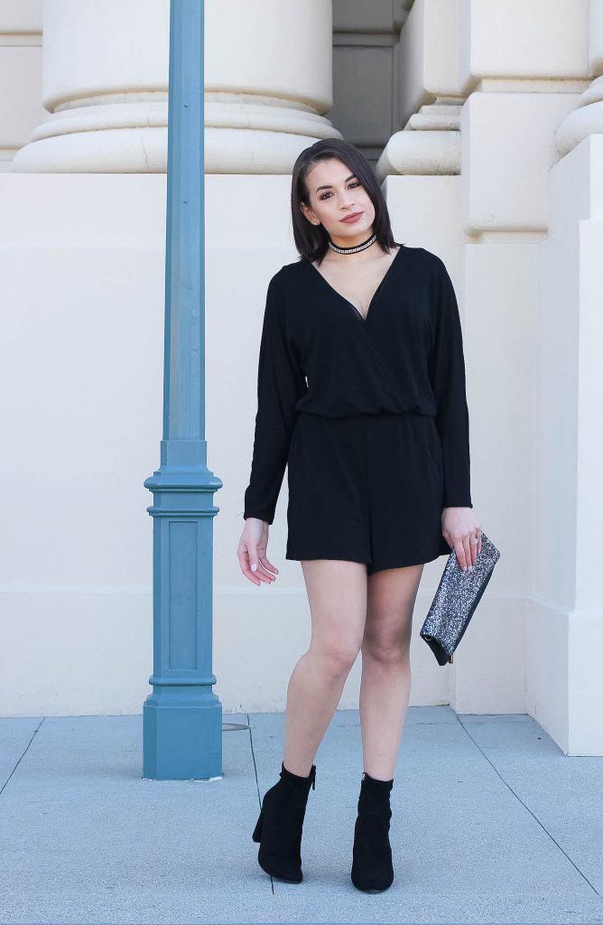 new years eve outfit, new years outfit, all black outfit, steve madden booties, glitter clutch, black romper, shimmer romper, sparkly outfit