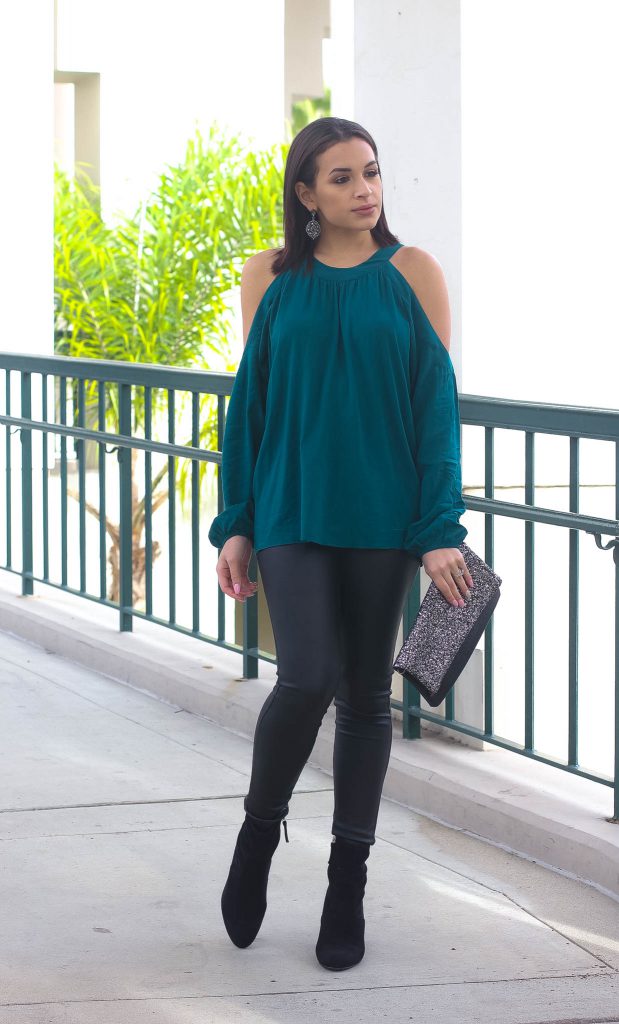 leather leggings, holiday outfit, cold shoulder top. express top, glitter clutch, steve madden booties, leather leggings outfit, La style, holiday outfit idea, NYR outfit, New Years Eve outfit