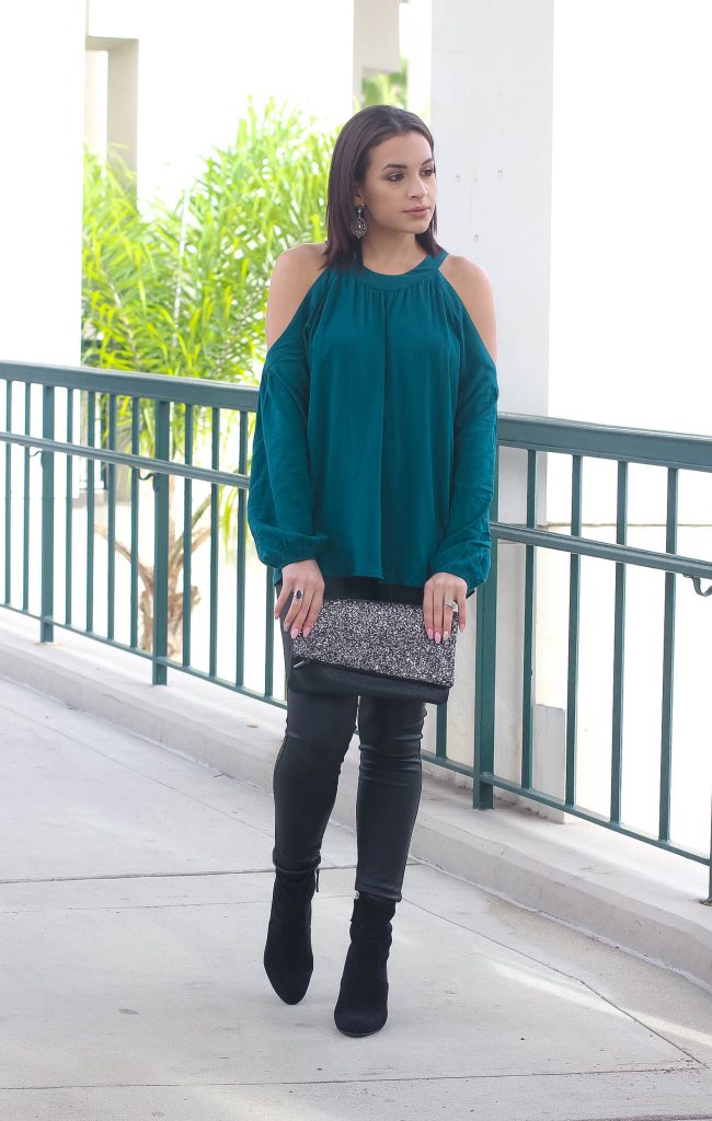 leather leggings, holiday outfit, cold shoulder top. express top, glitter clutch, steve madden booties, leather leggings outfit, La style, holiday outfit idea, NYR outfit, New Years Eve outfit