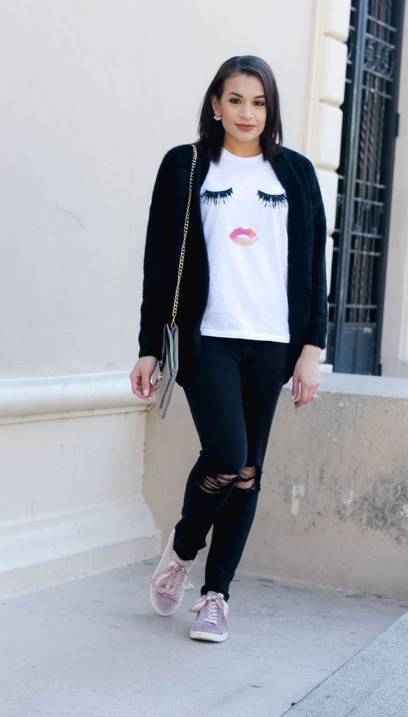 lips and lashes, sincerely Jules, graphic tee, express jeans, distressed jeans, fuzzy cardigan, marlow sneakers, Sam Edelman sneakers, pink sneakers