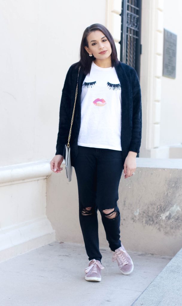 lips and lashes, sincerely Jules, graphic tee, express jeans, distressed jeans, fuzzy cardigan, marlow sneakers, Sam Edelman sneakers, pink sneakers